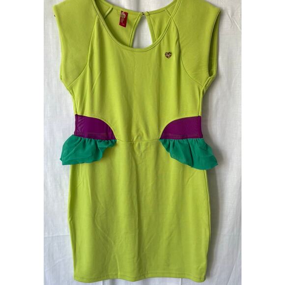 Apple Bottoms Y2K Neon Green/Yellow Peplum Mini Dress Mesh Sides Large - Picture 1 of 7